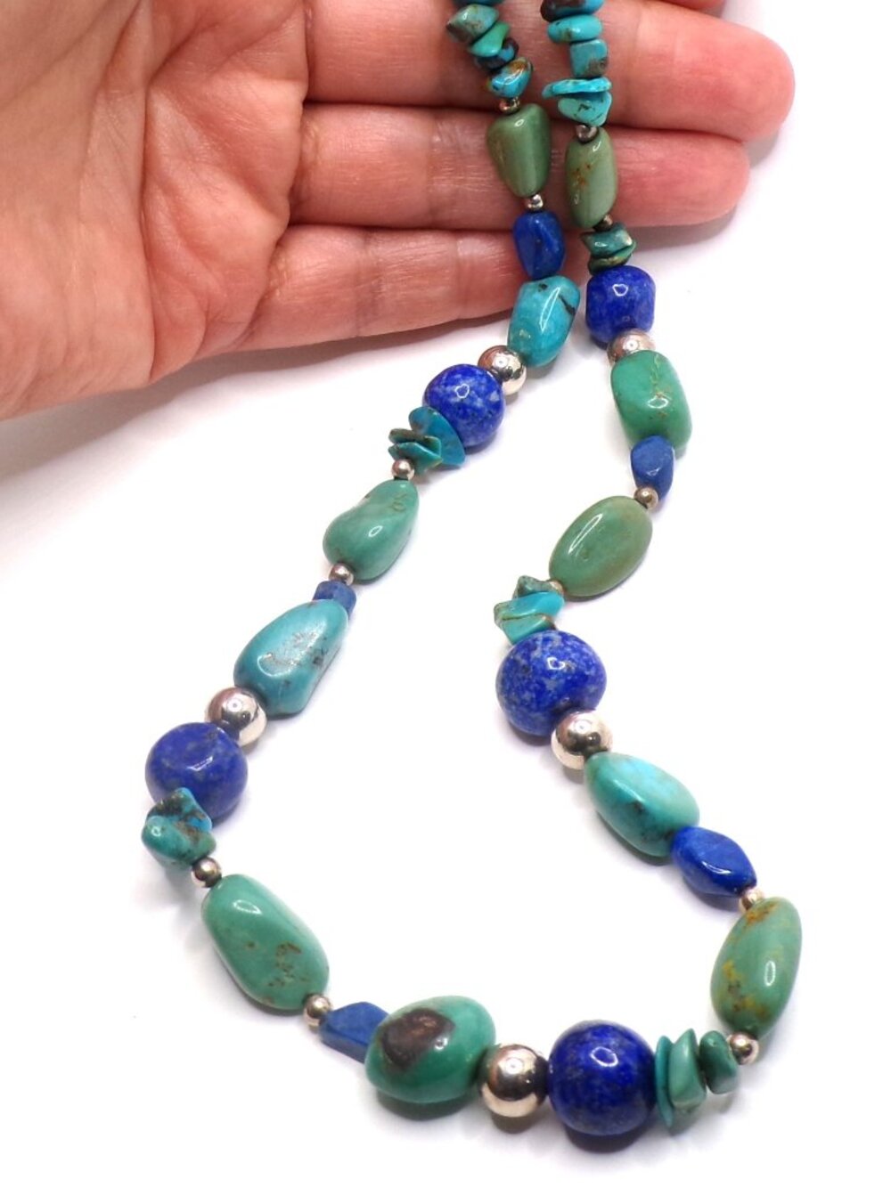 Free-Form Turquoise & Lapis Necklace – Sterling Silver Beads & Clasp